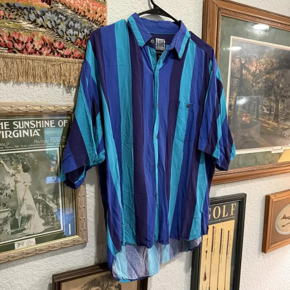 Vintage 80s RARE IOU Men's Striped Button Down Short Sleeve Blue Shirt‎ Size XL